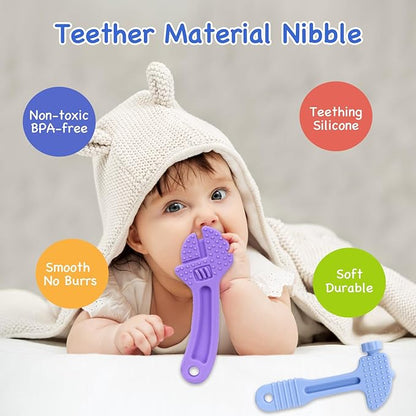 Hooku 4 Pack Silicone Teething Toys for Babies 3-6 Months, Teethers for Babies 6-12 Months, Hammer Spanner Wrench Pliers Tools Shape Sensory Chew Toys