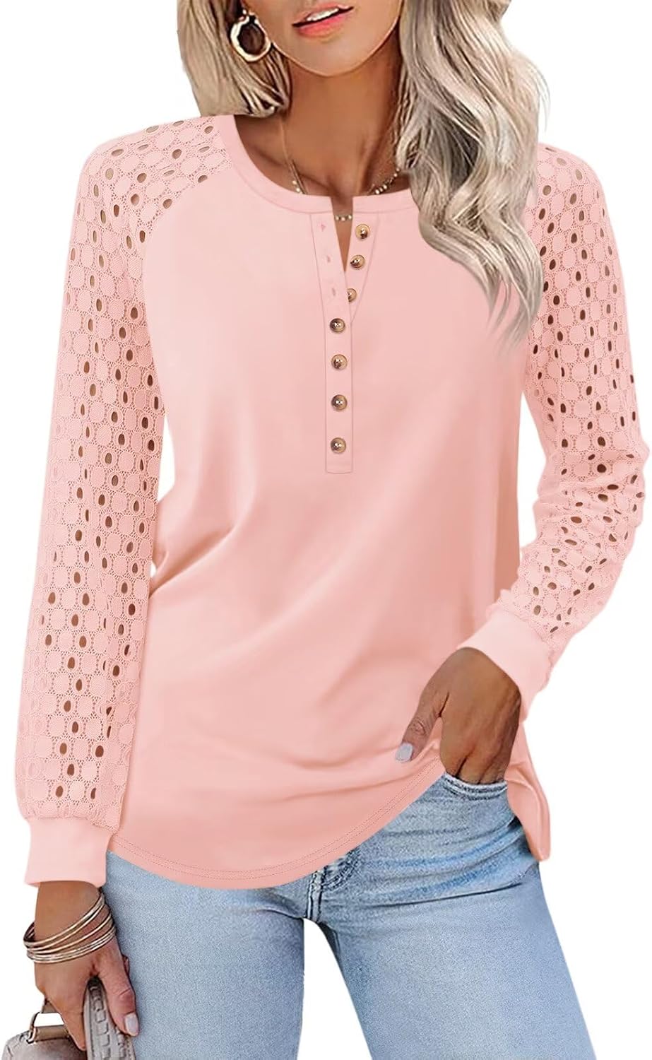 Medium TICTICMISS Women's Lace Long Sleeve Shirts Henley Crewneck Tops Business Casual Fall Blouses