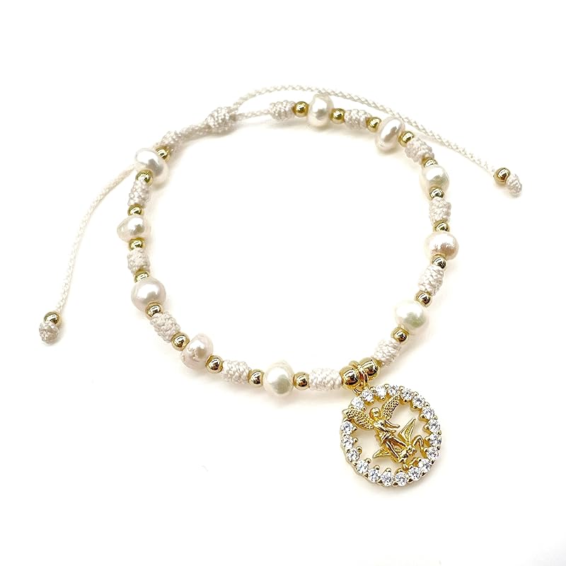 St Michael Archangel Pendant Medal on Adjustable Ivory Cord and Freshwater Pearls Wrist Adjustable Bracelet (Ivory)