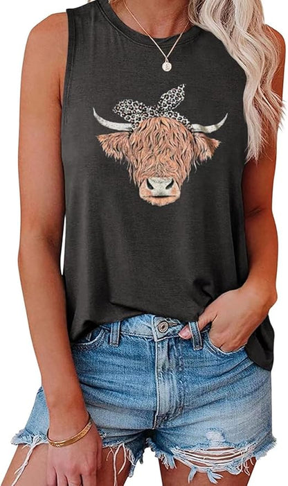 Cow Print Tank Top for Women Western Country Music Vest Shirt Funny Animal Graphic Tops Retro Cowgirl Sleeveless Shirt