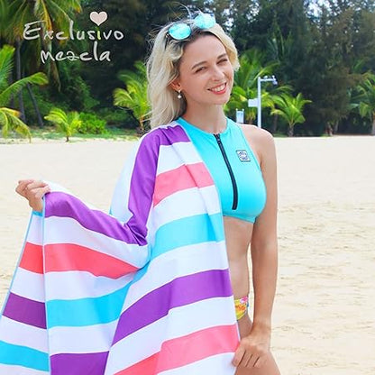 Exclusivo Mezcla Large Microfiber Quick Dry Beach Towel, Lightweight Sand-Free Cabana Stripe Pool Travel Camping Towel with Bag (Purple, 30x60 Inches)