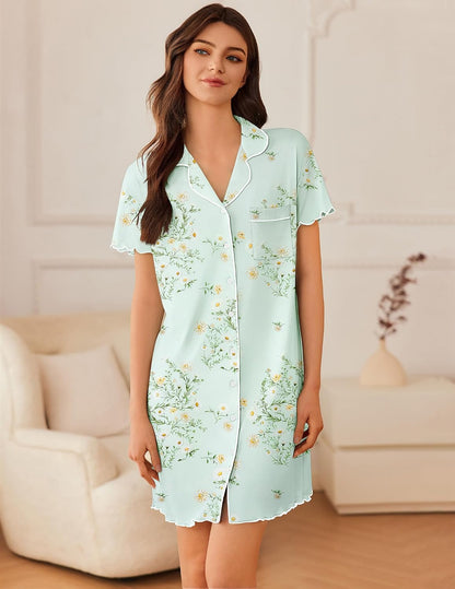 Ekouaer Nightgowns for Women Button Down Sleep Shirt Short Sleeve Sleepwear | Ladies Night Gowns Classic Night Shirt Casual Pajama Dress for Sleep, Wedding, Party, Labor, Delivery, Maternity, Nursing