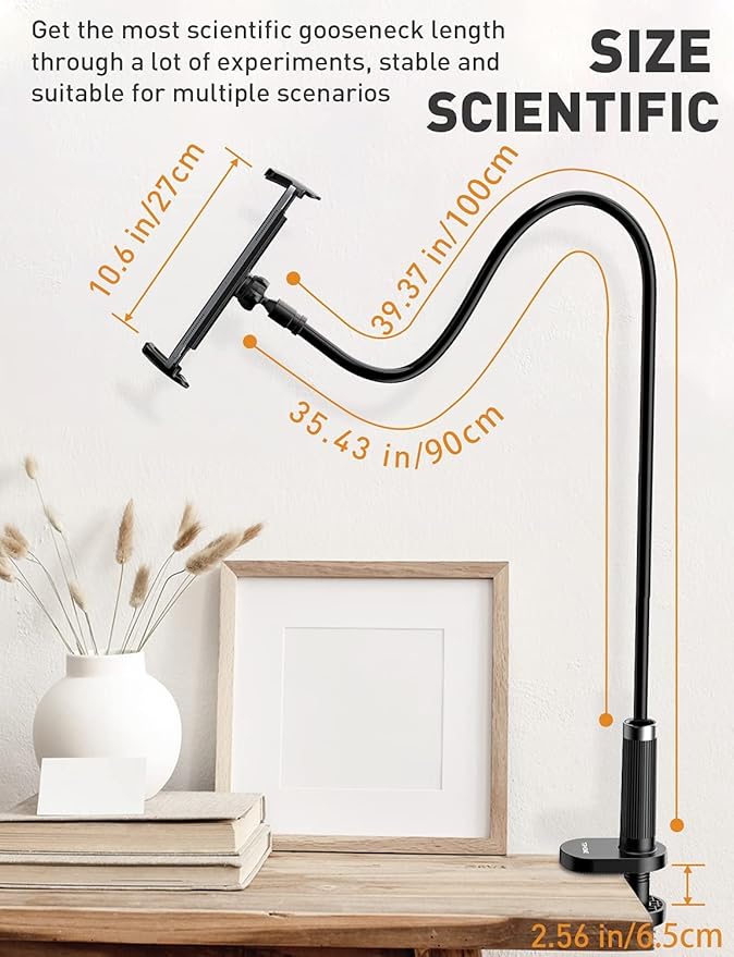 Gooseneck Tablet Holder Stand for Bed: Adjustable 39.4inch Flexible Lazy Arm Tablets Mount Compatible with iPad Pro Air Mini Galaxy Tab Kindle Fire Switch or Other 4.7-12.9" Device