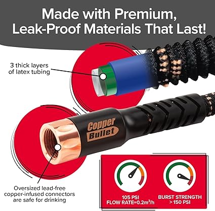 Pocket Hose Copper Bullet Expandable Garden Hose 75 FT w10 Pattern Thumb Spray Nozzle AS-SEEN-ON-TV 650psi 34 in Patented Lead-Free Ultra-Lightweight Solid Copper Anodized Aluminum Fittings No-Kink
