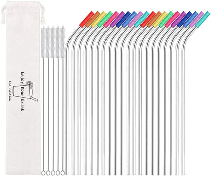 SET OF TEN 10.5" Reusable Bent Stainless Steel Straws with 10 Silicone Tips 5 Cleaning Brush 1 Travel Case Eco Friendly Extra Long Metal Straw Drinking for 20 24 30 oz Tumbler