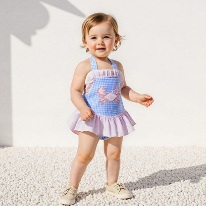 SHUING Baby Girl Crab Outfit Crawfish Embroidery Sleeveless Plaid Romper Dress Halter Ruffle Bodysuit Newborn Summer Clothes.