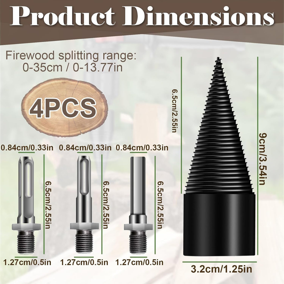 Electric Log Splitter Drill Bit 32mm Wood Splitting Cone Bit with 3 Handle Types Steel Wood Cracking Tool for Firewood Splitting Outdoor Camping Farm Use Heavy-Duty Efficiency
