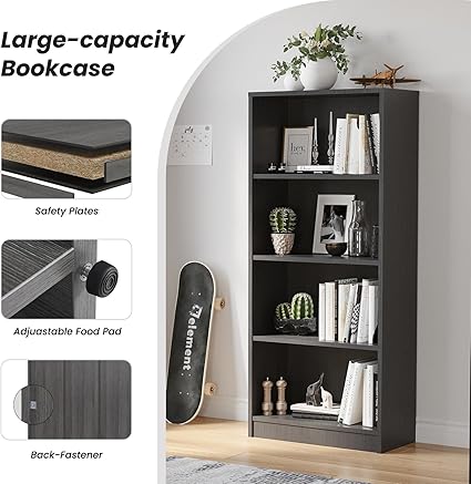 STARY Bookcase Freestanding 4 Shelf Wood Bookshelf Adjustable Shelves for Home Office,4 Layer, Grey