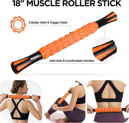 Muscle Roller & Massage Roller Stick for Athletes - Lymphatic Drainage Support, Relieves Muscle Soreness, Cramping & Tightness - Targets Legs, Arms, Back & Calves (Orange Wheel)