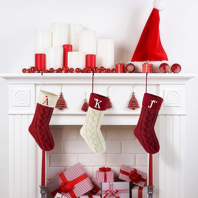 Personalized Christmas Stockings with Initials, 18 Inches Xmas Embroidered Monogrammed Cable Knitted Stocking for Family, Holiday Hanging Decoration Gifts for Fireplace(Red and White L)