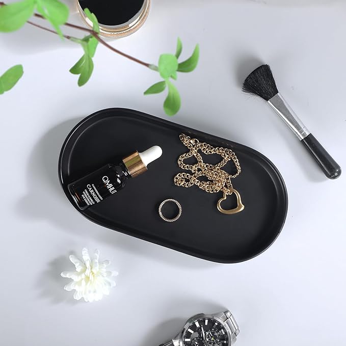 Matte Black Round Soap Dispenser Tray - 8'' Ceramic Vanity Tray for Bathroom Decorative, Jewelry Ring Dish, Comestic Holder, Kitchen Sink Countertop Organizer Plate (Black Scales)