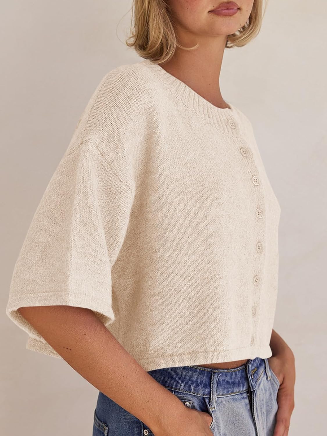 Womens 3/4 Sleeve Cardigan Sweater Button Down Cropped Crewneck Cardigan 2025 Fall Casual Knit Tops
