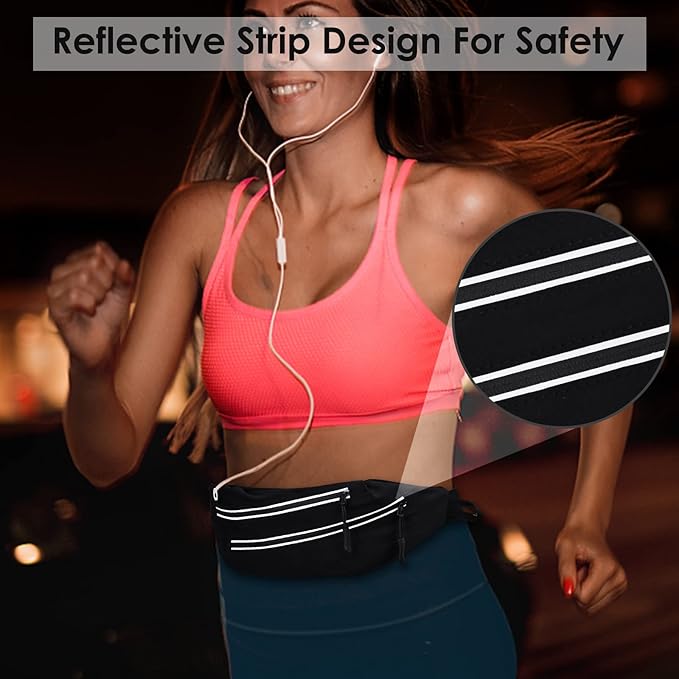 Running Belts for Men Women, Running Fanny Pack with 2-Zipper Pockets, Waterproof Waist Pack Phone Bag Carrying All Phones, Reflective Runners Belt Jogging Pocket Belt