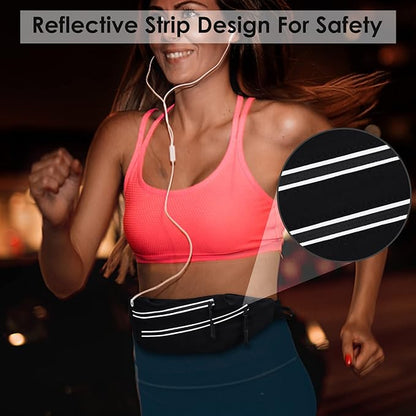 Running Belts for Men Women, Running Fanny Pack with 2-Zipper Pockets, Waterproof Waist Pack Phone Bag Carrying All Phones, Reflective Runners Belt Jogging Pocket Belt