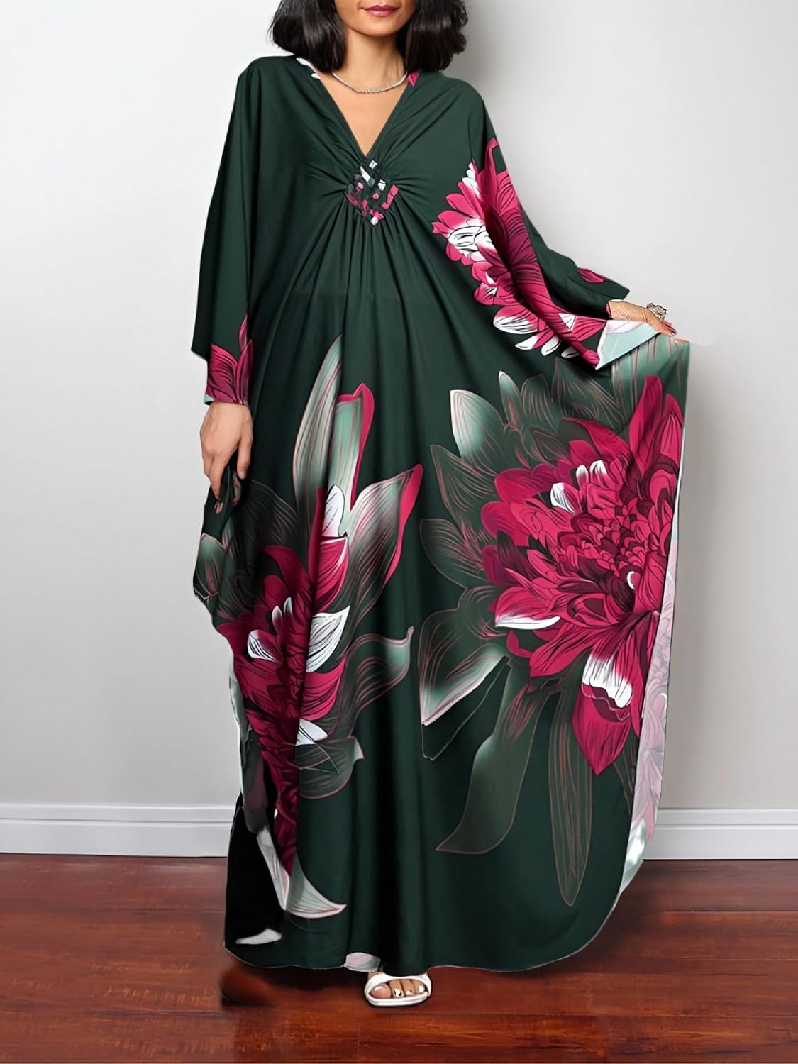 LOUSEA Kaftan Dress for Women Large Flower Print Cover Up Dresses Vneck One-piece Bathingsuit Cover Ups