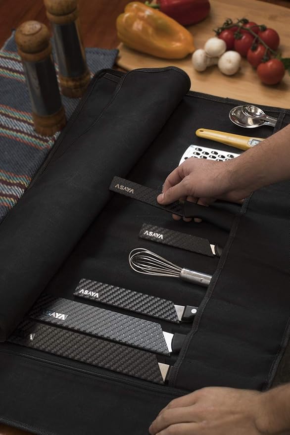 Asaya Canvas Chef Knife Roll Bag - 10 Knife Slots and a Large Zipper Pocket - Durable 10oz Canvas Knife Case with an Adjustable Shoulder Strap - Knives not Included