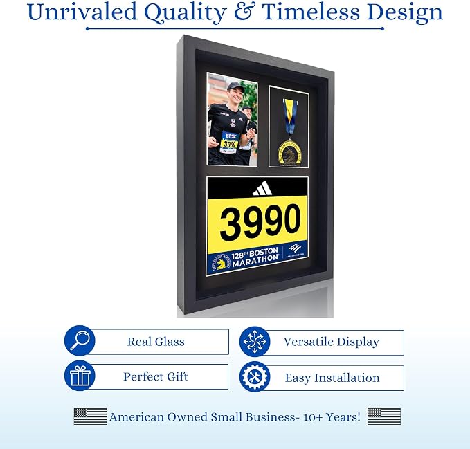 3-in-1 Shadow Box Display with Real Glass (Medal, Race Bibs, and Photo Display) – Marathon Medal Display and Frame, Triathlon & Running Bib Holder, Wall-Mounted, Real Tempered Glass - Black