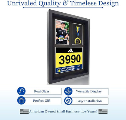 3-in-1 Shadow Box Display with Real Glass (Medal, Race Bibs, and Photo Display) – Marathon Medal Display and Frame, Triathlon & Running Bib Holder, Wall-Mounted, Real Tempered Glass - Black