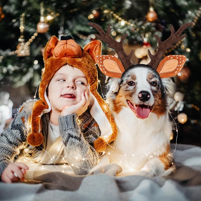 BWOGUE Dog Elk Reindeer Antlers Headband, Pet Christmas Costume Headwear Dog Antlers Costume, Dog Christmas Headband, Large Brown, Fits 13.4-21.3in Head Circumference, Wire-Supported Antlers