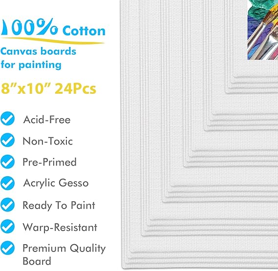 GOTIDEAL Canvas Boards for Painting, 8x10 inch Set of 24, Gesso Primed White Canvases for Painting - 100% Cotton Art Supplies Canvas for Acrylic Paint, Pouring, Oil Paint