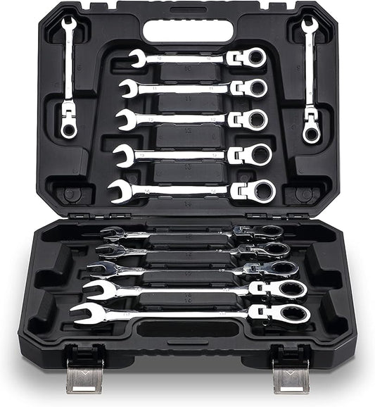 FLZOSPER 12-Piece Flexible Head Ratcheting Wrench Set,Metric Combination Spanner Kit, 8-19mm Chrome Vanadium Steel Ratchet Wrench Set with Portable Suspended Toolbox
