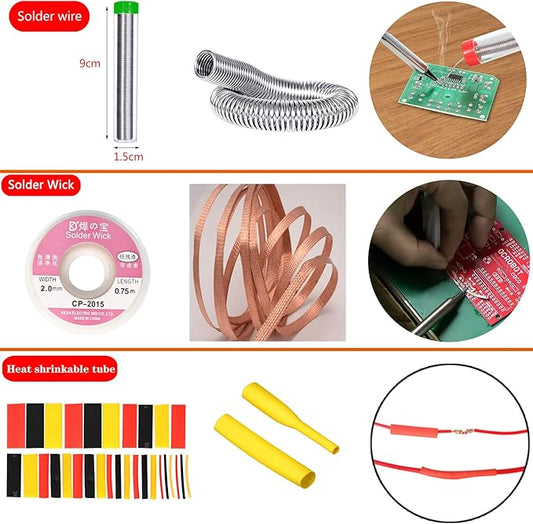 Soldering Iron Kit, 60W Adjustable Temperature, Digital Multimeter, 5pcs Soldering Tips, Wire, Stand, Desoldering Pump, Solder Wick, Tweezers, Welding Tool