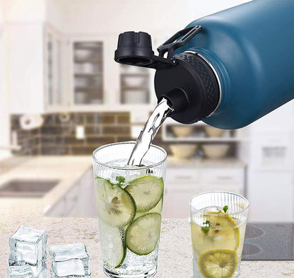 SENDESTAR Water Bottle 64oz Double Wall Vacuum Insulated Leak Proof Stainless Steel Sports Water BottleWide Mouth with New Flex Straw Lid  Spout Lid (GrayBlack)
