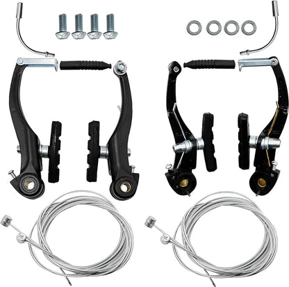 2 Pairs Bike Brake Set, Universal Complete V Bike Brakes Set for Most Mountain Bicycle, Including Road Bike Brakes Cables, Front Back Wheels End Caps,End Ferrules-Black
