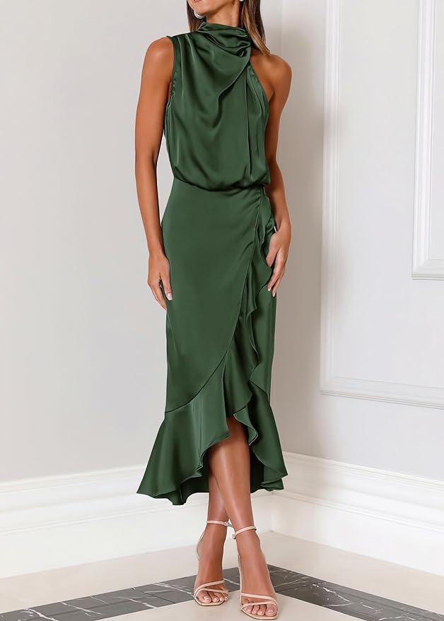 KIRUNDO Womens 2025 Summer Satin Mock Neck Wedding Guest Party Cocktail Midi Dress Sleeveless Wrap Ruffle Formal Dresses