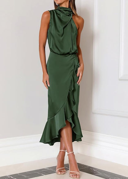 KIRUNDO Womens 2025 Summer Satin Mock Neck Wedding Guest Party Cocktail Midi Dress Sleeveless Wrap Ruffle Formal Dresses