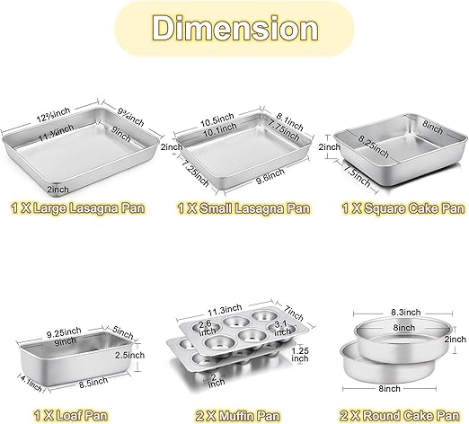TeamFar Stainless Steel Bakeware Set of 8, Baking Roasting Toaster Oven Pans, Lasagna/Square/Round Cake Pan, Loaf Pan & Muffin Pan, Non-Toxic & Sturdy, Smooth & Dishwasher Safe
