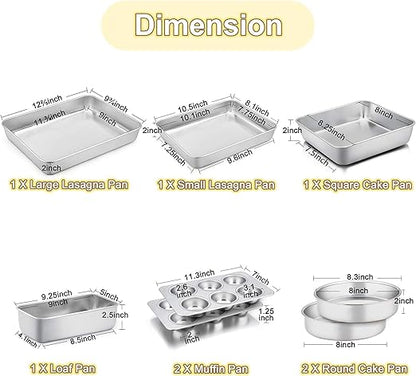 TeamFar Stainless Steel Bakeware Set of 8, Baking Roasting Toaster Oven Pans, Lasagna/Square/Round Cake Pan, Loaf Pan & Muffin Pan, Non-Toxic & Sturdy, Smooth & Dishwasher Safe