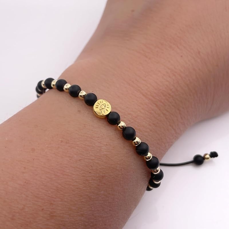 Lucky Evil Eye Natural Stone Beaded Adjustable Bracelet for Women (Black Onix)