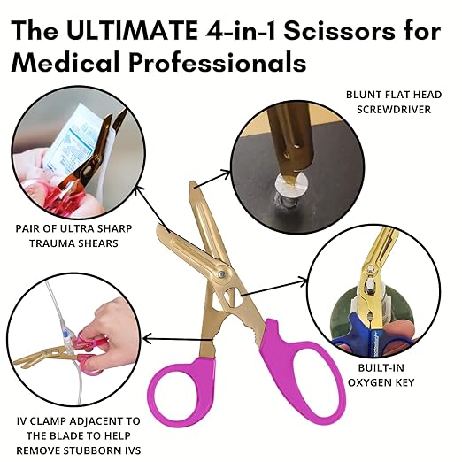 Hummingbird 4-in-1 Medical Scissors - Trauma Shears with Badge Reel for Nurses, Students, Respiratory Therapists, Veterinarians, and Medical Professionals (Pink)