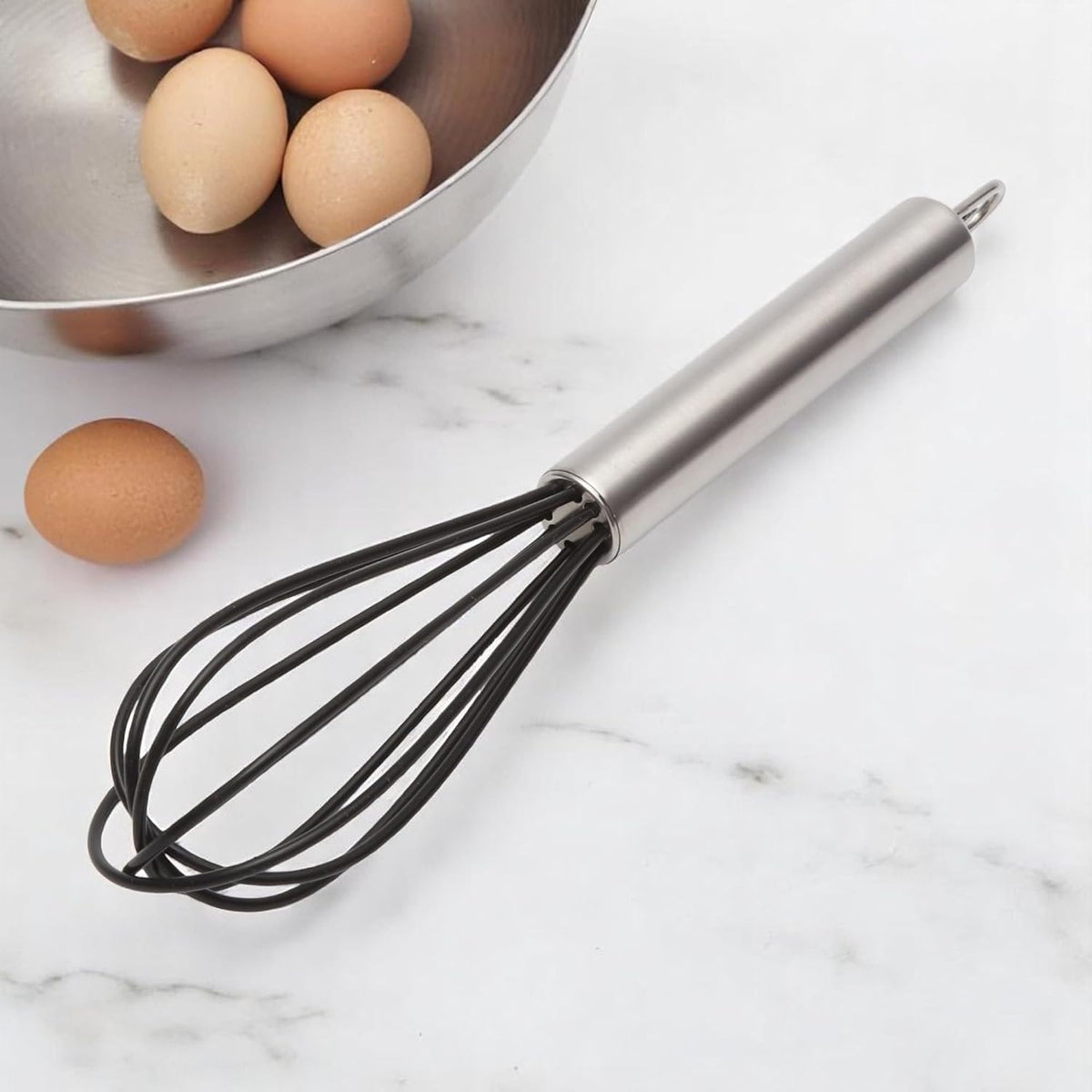 Generic 1Pcs Whisk 8" Black Wire Whisk Hand Wash Stainless Steel Silicone Black Silver Tone 21x5x5cm