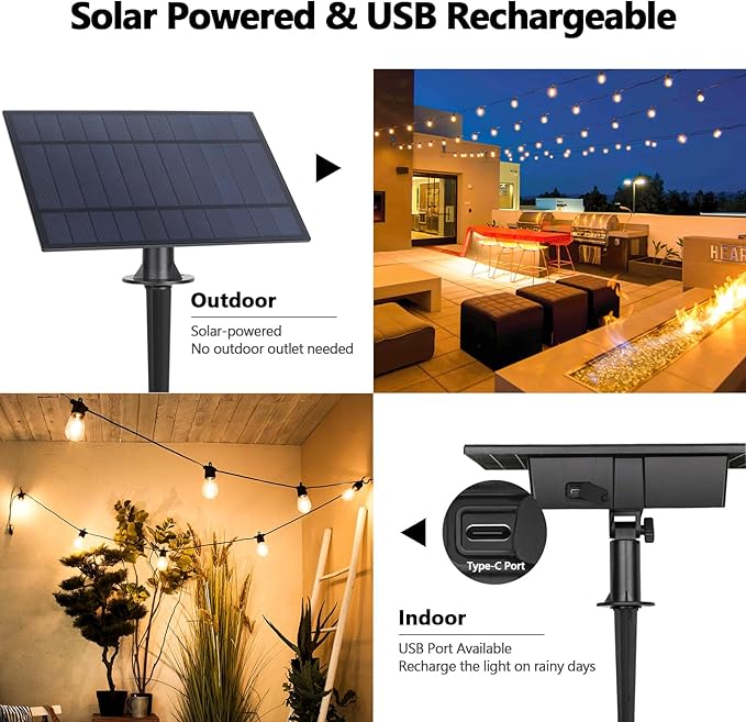 BesLowe 48FT S14 Solar String Lights Outdoor with Remote Controller, Solar Powered Patio Lights Waterproof with LED Edison Bulbs, Dimmable Hanging Lights for Outside Backyard Porch, USB Rechargeable