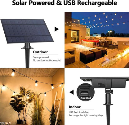 BesLowe 48FT S14 Solar String Lights Outdoor with Remote Controller, Solar Powered Patio Lights Waterproof with LED Edison Bulbs, Dimmable Hanging Lights for Outside Backyard Porch, USB Rechargeable