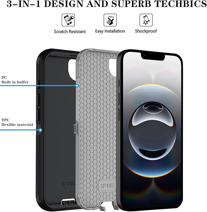 ONOLA Compitable with iPhone 16e Case & iPhone 17e Case with HD Screen Protector, [2 in 1 ] Heavy Duty Protection Phone Case for iPhone 16e /17e 6.1" (Black Grey)