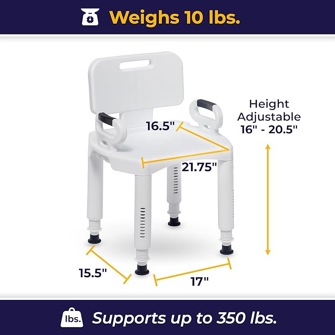 Drive Medical RTL12505 Handicap Bathroom Bench with Back and Arms, White