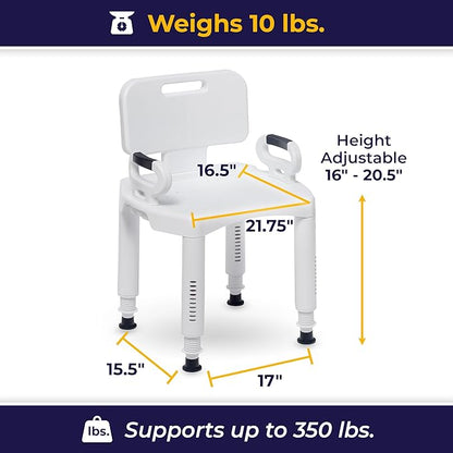 Drive Medical RTL12505 Handicap Bathroom Bench with Back and Arms, White