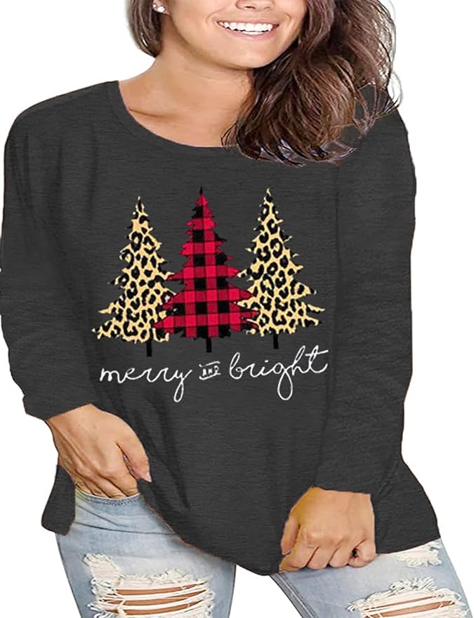 Plus Size Christmas Shirt Women Merry and Bright Long Sleeve Merry Christmas Long Sleeve Xmas T Shirts Tops