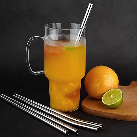 Tomorotec 30oz Straws, 11" Stainless Steel Straw 14PCS for 30oz Stanley Tumbler, 0.35"9mm Diameter Sleek Metallic Finish- 7 Straight, 7 Bent Straws  2 Brushes, Dishwasher Safe, 304 Food-Grade