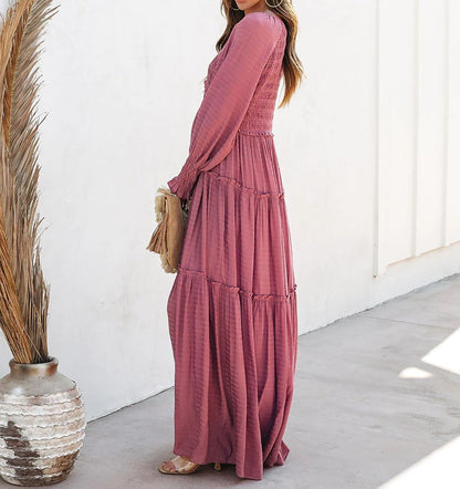 R.Vivimos Long Sleeve V Neck Flowy Maxi Dresses for Women | Lightweight Fabric, Empire Waist, Layered Ruffle Hem, Boho Casual Long Dress, Daily Wear, Beach Vacation Clothes