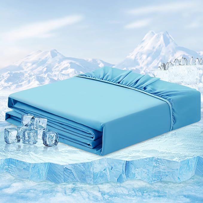 ELEMUSE Pengucool™ Cooling Fitted Sheet, Ultimate Coolness, Luxurious Soft for Hot Sleepers, Fitted Bottom Bed Sheet Only with Deep Pocket, Snug Fit Up to 21" Mattress (Blue, Queen)