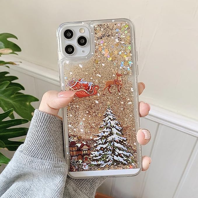 Glitter Christmas Case for iPhone 16 Pro Max Glitter Case Christmas Tree Clear Floating Flowing Moving Bling Snowman Santa Elk Tree Women Cute Liquid Holiday Case for iPhone 16 Pro Max (Gold)