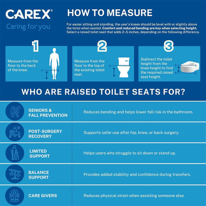 Carex Toilet Seat Riser, Elongated Raised Toilet Seat Adds 3.5 inches to Toilet Height, Assists with Bending or Sitting, Bolt-On Installation Under Existing Toilet Seat, 300 Pound Weight Capacity