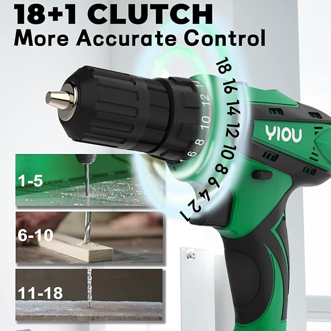 YIOU 20V MAX Cordless Drill, 181 Clutch, 2-Speed, 38" Chuck, 23PCS Drill Set, Battery Charger, Green, Home DIY Projects