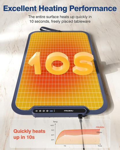 Warming Mat for Food, iTRUSOU Silicone Electric Warming Tray with 7 Temp-Settings, 1-8Hr Auto Shut-Off, Switchable FahrenheitCelsius, Upgrade Strap Keep Food Warm at Buffet, Party, Sabbath, Daily Use