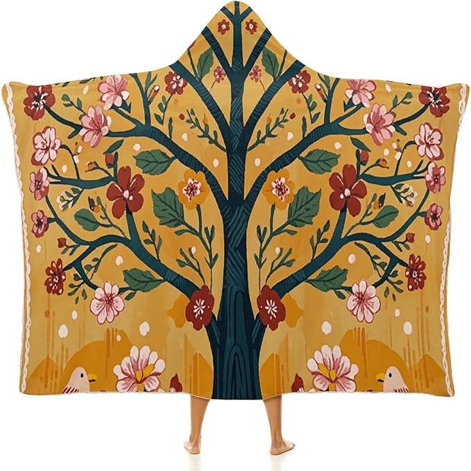 Wearable Blanket Hoodie Yellow Orange Tree of Life Plush Wrap Throws Blanket Poncho Blanket for Women And Men