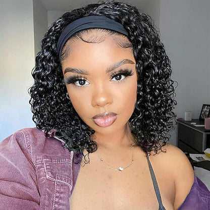 Deep Wave Headband Wig Human Hair 12 Inch Curly Headband Wigs for Black Women Human Hair Glueless None Lace Front Wigs Brazilian Virgin Hair Wig Machine Made 150 Density Natural Black Color